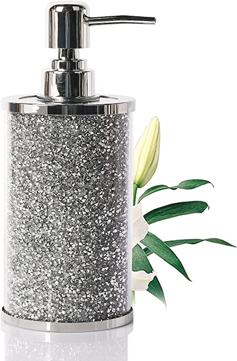 Glass Soap Dispenser, 12oz Modern Decor Glass Lotion Bottle with Rustproof Plastic Pump, Refillable Lotion Dispenser with Bling Rhinestone, for Kitchen Bathroom Countertop Home Decor(Silver)