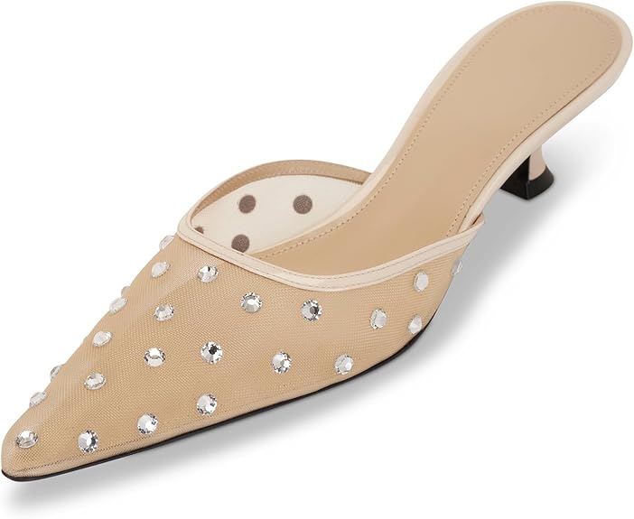 Crystal Embellished Tulle Mules for Women Mesh Rhinestone Kitten Heel Mules Slip On Clear Pointed Toe Dress Shoes