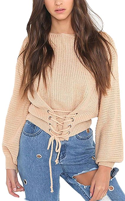 Angashion Women's Sexy Long Sleeve Bandage Lace Up Knit Pullover Sweater Tops Blouse