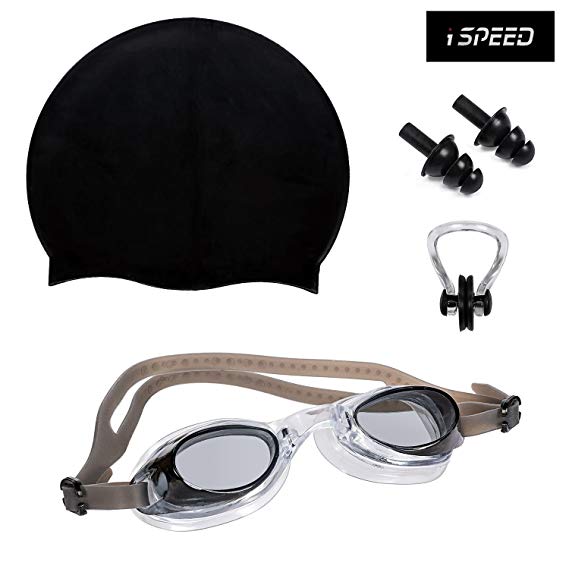 ispeed Swimming Kit with Antifog Goggles,Silicone Cap Noseclip,EarPlugs for Men,Women,Boys,Girls,Kids and Adult.