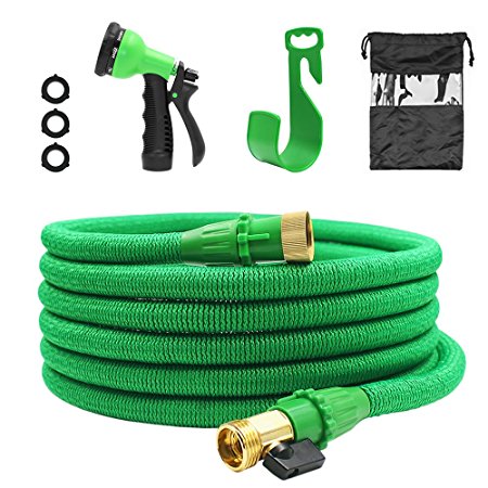 50 Feet Expandable High Pressure Garden Hose with 3/4" Solid Brass Connectors and 8 Pattern Spray Nozzle by Hippih