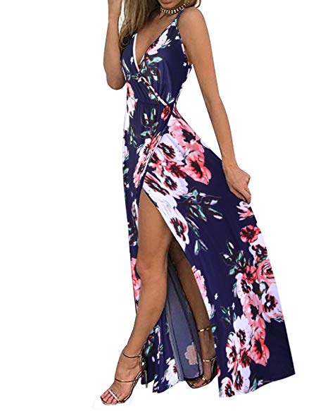 II ININ Women's Deep V-Neck Strap Casual Floral Print Maxi Split Dress