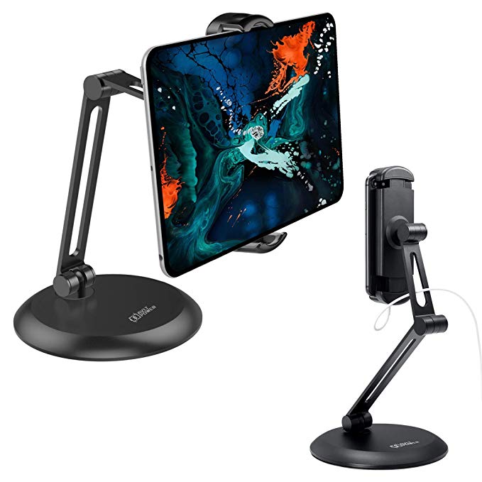 AVLT-Power Aluminum iPad Stand Phone Holder for Desk - Heavy Base Mount - Tablet Phone Riser - Adjustable Swivel Rotating Foldable - Spring Clamp - Suitable for 4" to 11" Device with Cases - Black