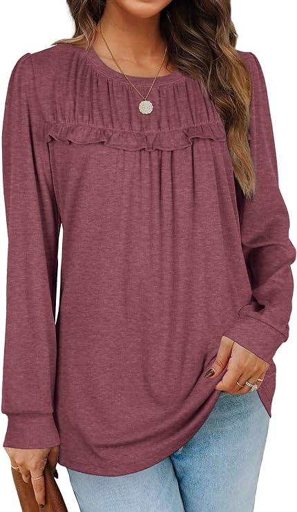 Sieanear Womens Tops Long Sleeve Dressy Casual Pleated Shirts Crew Neck