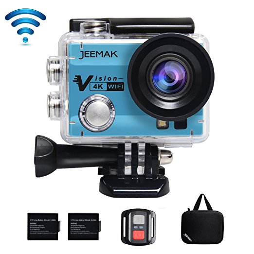 Action Camera, JEEMAK 4K Camera 16MP WiFi Waterproof Camera 170° Ultra Wide Angle Len with SONY Sensor,Remote Control 2 Pcs Rechargeable Batteries and Portable Package