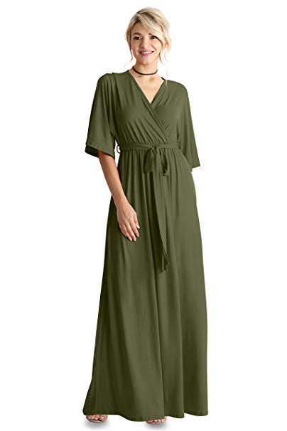 Flowy Long Maxi Wrap Dresses for Women with Tie Belt Plus Size and Reg. - Made in USA