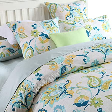 Softta Luxury Vintage Bedding Set Damask Queen Size 3Pcs Duvet Cover Set Green Paisley Floral Farmhouse Blue Yellow Flower and Leaves Retro 100% Egyptian Cotton Bedding Collection