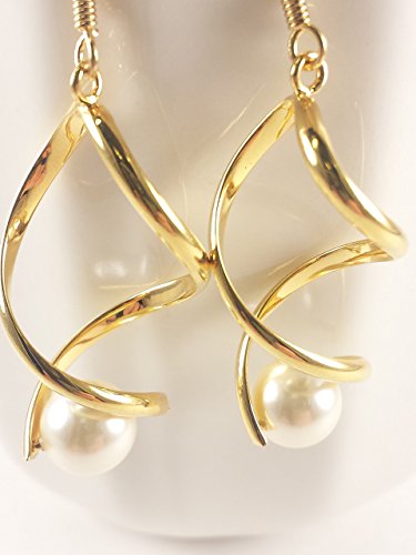 Gold plated spiral, twist, coil earrings. Swarovski cream pearls.