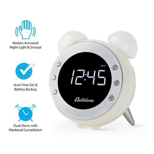 Electrohome Retro Alarm Clock Radio with Motion Activated Night Light and Snooze, Digital AM/FM Radio, Wake-up Light, Dual Alarm, Auto Time Set, Battery Backup, Dimmer, and Temperature Display (CR35W)