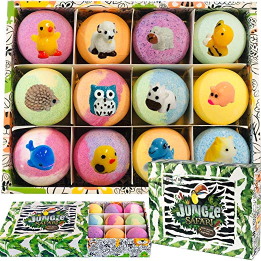 Bath Bombs for Kids with surprise inside - Set of 12 Organic Bubble Bath Fizzies with Jungle Animal toys. Gentle and kids safe Spa Bath Fizz Balls Kit. Birthday or Christmas gift for girls and boys