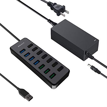 USB Data Hub with 36w Power Adapter, BYEASY 7 Ports USB 3.0 Hub 3 Charging Ports, 7 USB 3.0 Data Ports, Long Cable Individual on/Off Power Switch for PC, Notebook, Laptop, HDD (Black)