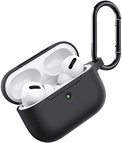elkson Slim Bumper Case Compatible with AirPods Pro Premium Silicone Rubber Wireless Charging Friendly Front LED Visible Protective Cover with Carabiner - Black