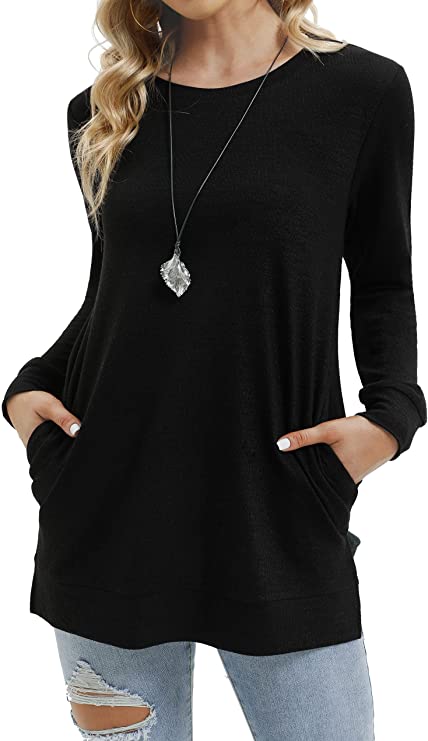 TOREEL Casual Tops for Women - Crew Neck Long Sleeve Shirts for Women Side Slit Sweatshirt for Women with Pockets