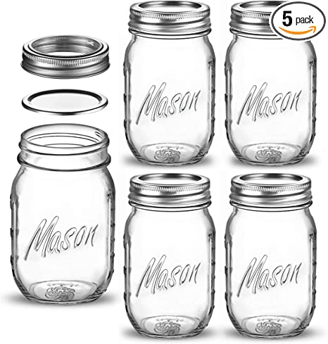 Regular-Mouth Glass Mason Jars, 16-Ounce (5-Pack) Glass Canning Jars with Silver Metal Airtight Lids and Bands with Measurement Marks, for Canning, Preserving, Meal Prep, Overnight Oats, Jam, Jelly,