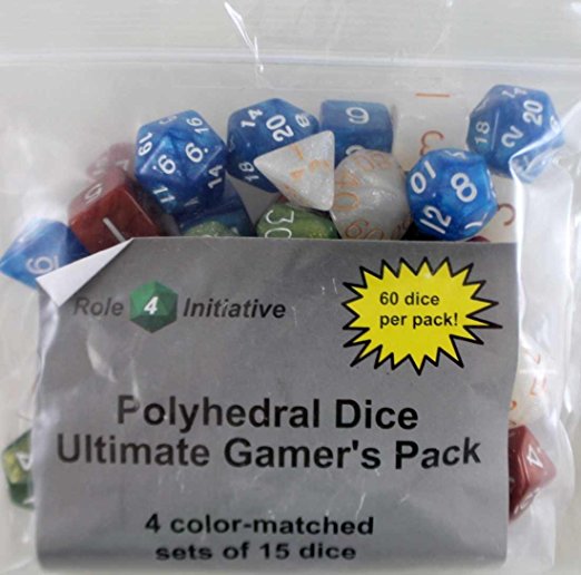 Pack of 60 RPG Polyhedral Dice with 4 Sets of 15 (~ 1/2 Pound) - Colors: Horizon, Forbidden Treasure, Copper, Serpent (3d4 4d6 2d8 1d10 1d% 1d12 3d20 Per Set)