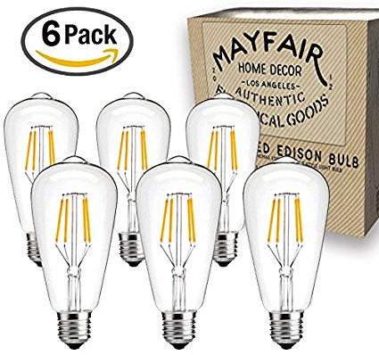 Edison Bulb 4W LED 6 Pack ST64 2700k Antique Retro Vintage Squirrel Cage Filament Dimmable Warm Light Teardrop Style Replacement Bulbs