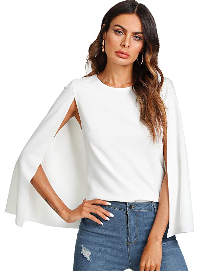 Romwe Women's Elegant Cape Cloak Sleeve Round Neck Party Top Blouse