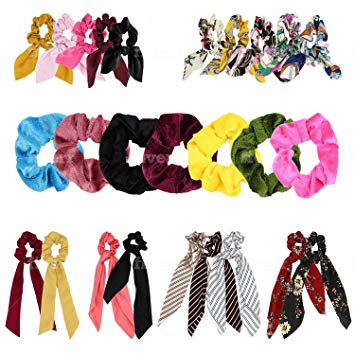 BANDIT 26 Pcs Scrunchies For Hair - 7 Different Styles - Silk Satin Hair Scrunchies Scarf - Bow Scrunchies For Women And Girls - Big And Small Sizes, Cute Patterns
