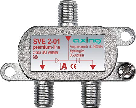Axing SVE 2-01 2-Way SAT Splitter 5-2400 MHz also for terrestrial Freeview FM with DC pass, F-connectors