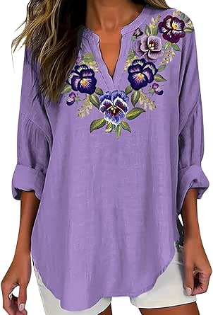 Alzheimers Awareness Shirts for Women Alzheimer's Purple Floral T Shirts Long Sleeve V-Neck Casual Cotton Linen Tunic Blouses