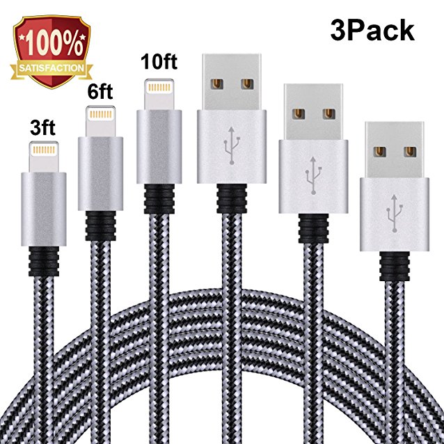 Sundix iPhone Charger, 3Pack 3FT 6FT 10FT Nylon Braided Cord Lightning Cable Compatible with iPhone 7/7 Plus/6/6S/6S Plus,SE/5S/5,iPad,iPod Nano 7-Grayblack