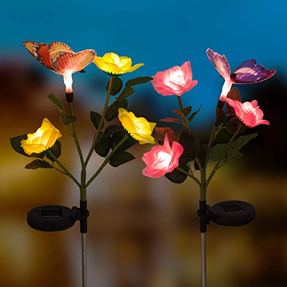 Vinsda Solar Garden Stake Lights,Outdoor Solar Rose Flowers Lights with Butterfly Multi-Colour Auto-Changing for Garden Lawn Backyard Landscape Decoration Lighting Pack of 2 (Pink Yellow)