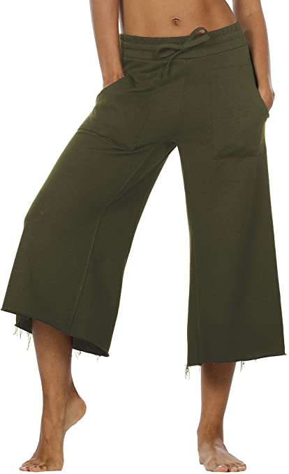 icyzone Culottes Capri Pants for Women - Elastic Waist Wide Leg Joggers Casual Lounge Cotton Sweatpants with Pockets