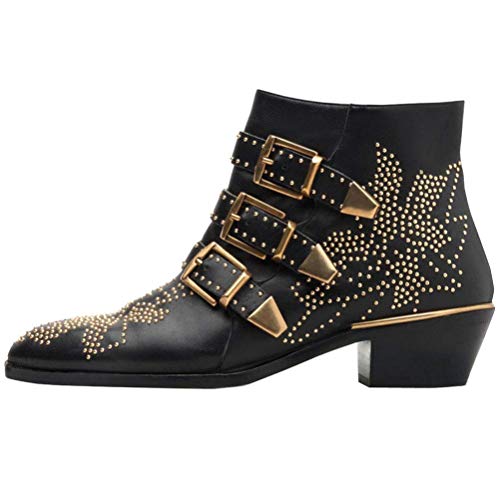 Themost Womens Genuine Leather Ankle Boot,Rivet Studded Buckle Strap Designer Short Boots Low Heel Booties