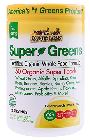 Country Farms Super Greens Banana flavor, 50 Organic Super Foods, USDA Organic Drink Mix, 20 servings