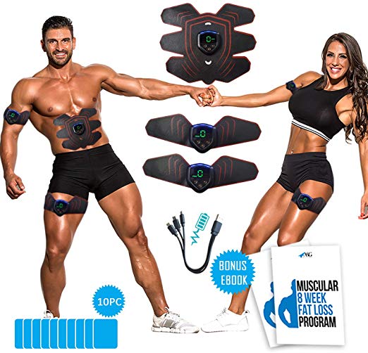 Ab Stimulator-Muscle Stimulator, Weight Loss Fitness Equipment- Rechargeable, Abs Stimulator- Muscle Training Body Workout- Home Gym for Men Women, Extra Gel-Pads &Free Ebook