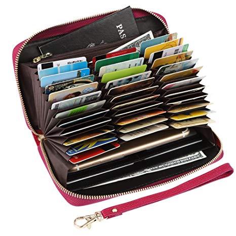 Women's RFID Blocking 36 Slots Card Holder Long Big Leather Zipper Wristlet Clutch Wallet