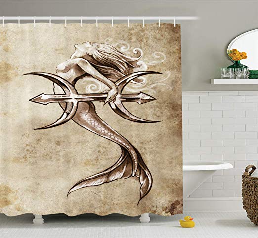 Ambesonne Mermaid Shower Curtain, Vintage Mermaid in The Sea with an Anchor Mythical Aquatic Creature Graphic Art, Cloth Fabric Bathroom Decor Set with Hooks, 70" Long, Beige Brown