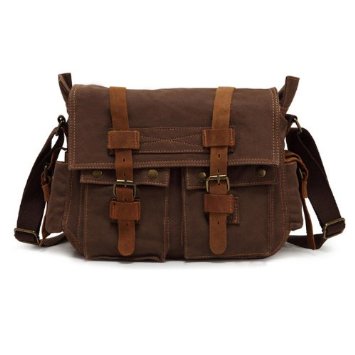 Modovo 10L Retro Messenger Shoulder Bag Fits 14" Laptop High Density Canvas Coffee