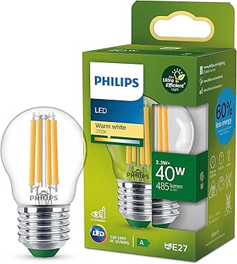 Philips ampoule LED Ultra Efficient Classe A, 40W, culot E27, format sphérique, Blanc chaud 2700K, transparente, verre