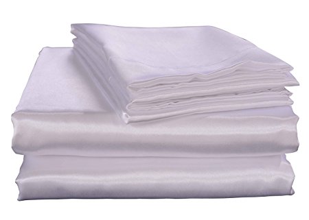 Honeymoon Luxury Satin Bed Sheet Set, Ultra Silky Soft, Queen - White