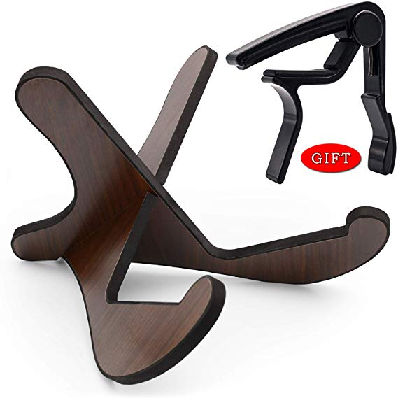 Guitar Stand，Wood Guitar Stand with Guitar Capo，Portable Folding Instrument Holder for Acoustic,Classic,Electric,Bass Guitar
