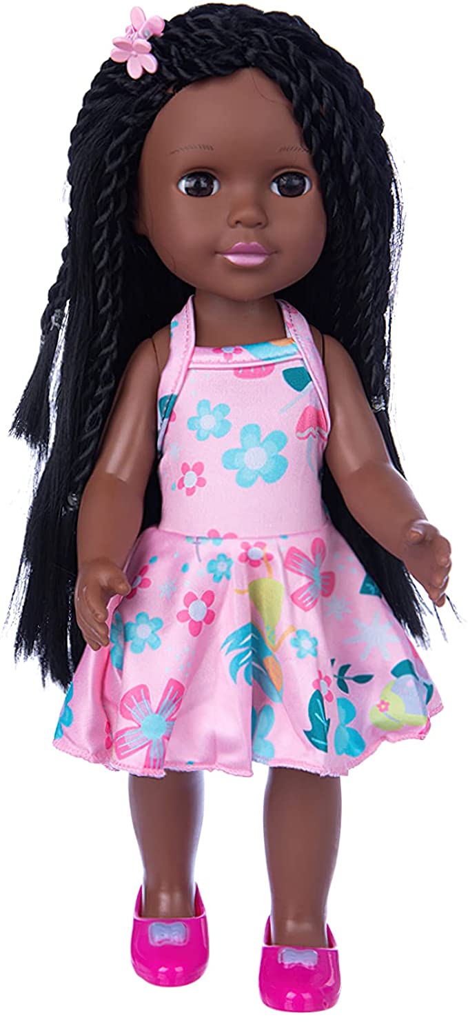 Ecore Fun 14.5 Inch Black Baby Doll Baby Girl Doll and Clothes Set African Washable Realistic Silicone Girl Dolls with Cute Dress and Shoes