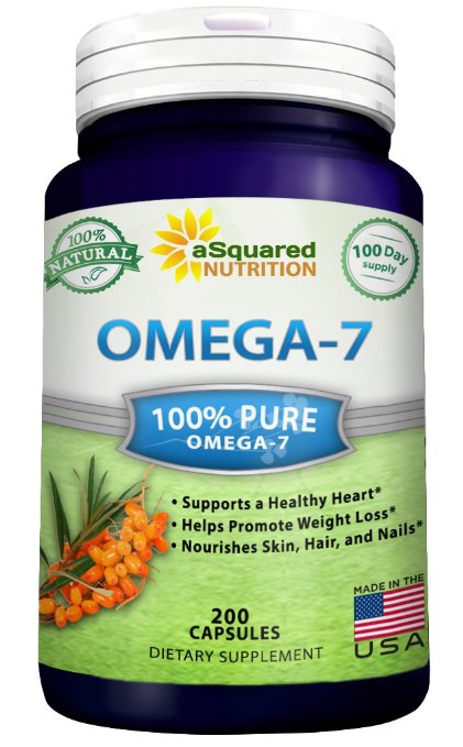 Purified Omega 7 Fatty Acids - 200 Capsules - Natural Sea Buckthorn Seed Oil, XL Vitamin Supplement, No Fish Burp, Omega-7 Palmitoleic Acid, Compare to Omega 3 6 9 for Complete Weight Loss Results!