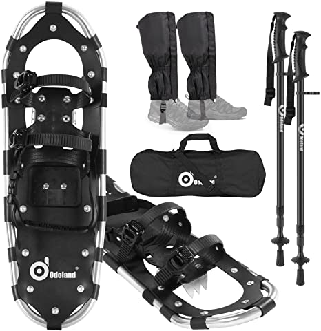 Odoland 4-in-1 Snowshoes for Men Women Youth Kids with Trekking Poles, Waterproof Snow Leg Gaiters and Carrying Tote Bag, Lightweight Easy to Wear Aluminum Alloy Snow Shoes, Size 21''/25''/30''