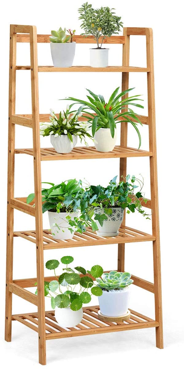 Giantex 4-Tier Bamboo Plant Stand, Flower Pots Holder Organizer, Plant Display Storage Rack, Indoor Outdoor Freestanding Plant Flower, Multipurpose Ladder Shelf (Natural)