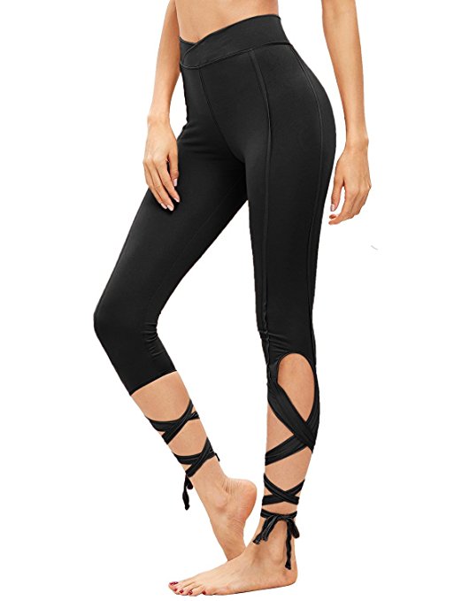 SweatyRocks Women Legging Cutout Tie Cuff Slim Yoga Pants Jogger Workout Tights