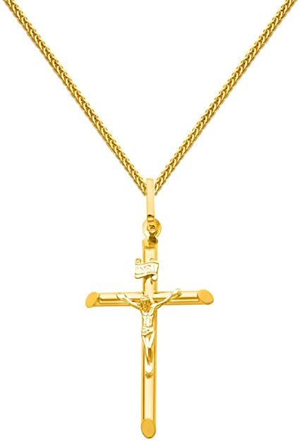 The World Jewelry Center 14k Yellow Gold Crucifix Cross Pendant with 1mm Braided Square Wheat Chain Necklace