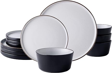 AmorArc Dinnerware Sets of 4,Modern Stoneware Plates and Bowls Sets,Chip and Crack Resistant | Dishwasher & Microwave Safe Ceramic Dishes Set,Service for 4 (12pc)-Speckled & Matte Black