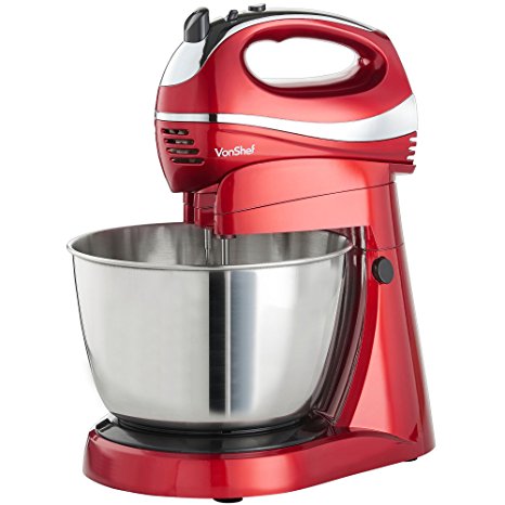 VonShef Twin 300W Hand and Stand Mixer with 5 Speeds & Turbo Function includes 3.5L Bowl, 2x Beaters, 2x Dough Hooks & Whisk - Red
