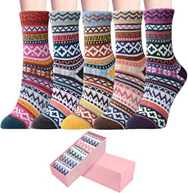 5 Pack Womens Socks Vintage Winter Soft Warm Cold Knit Wool Crew Socks with Beautiful Gift Box