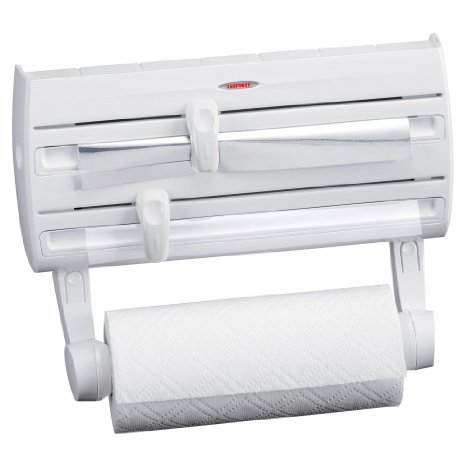 Leifheit Wall-Mount Paper Towel Holder with Plastic Wrap Foil Dispenser and Spice Rack White