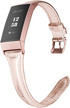 Wearlizer Compatible with Fitbit Charge 3 Bands for Women Slim Leather Replacement Fit Charge hr 3 Special Edition Rose Gold Band Accessories Strap