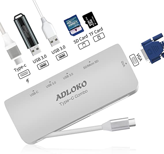 USB C to VGA Adapter, USB C Hub, ADLOKO 6-in-1 Type-C Adapter Power Delivery with VGA Port, SD/TF Card Reader, 2SuperSpeed USB 3.0 Ports For MacBook/MacBook Pro/Chromebook Pixel and More(USB C TO VGA)