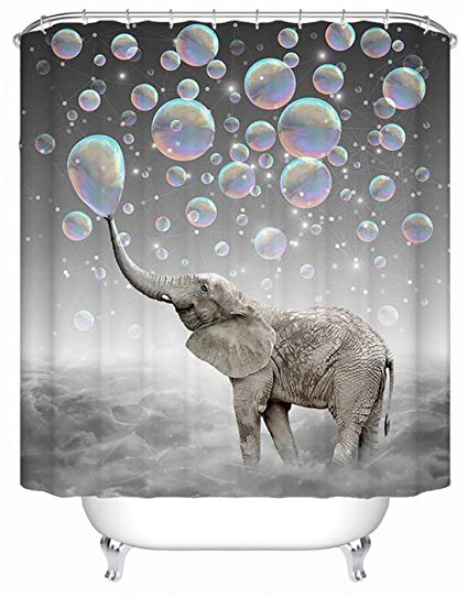 Livilan Shower Curtain Set,Cute Elephant Play Bubbles Print,Thick Polyester Fabric,Mildew Resistant Waterproof Machine Washable,72 X 72 inch,Gray