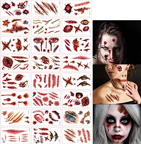300  Halloween Scar Temporary Tattoos - Vampire Zombie Party Supplies Decorations Bloody Cosplay Props - Realistic Fake Injury Wound for Halloween Costume Accessories(48 Sheets)